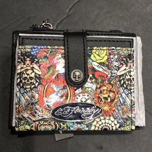Ed Hardy black bifold ed hardy‎ multi graphics print slim card case brand new